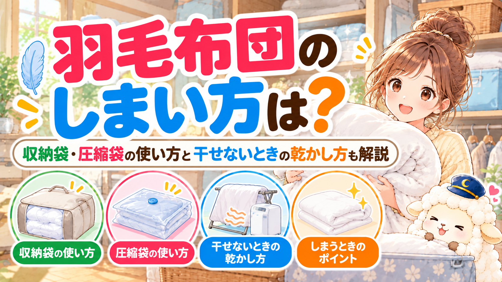 羽毛布団のしまい方は？収納袋・圧縮袋の使い方と干せないときの乾かし方も解説の記事のアイキャッチ画像