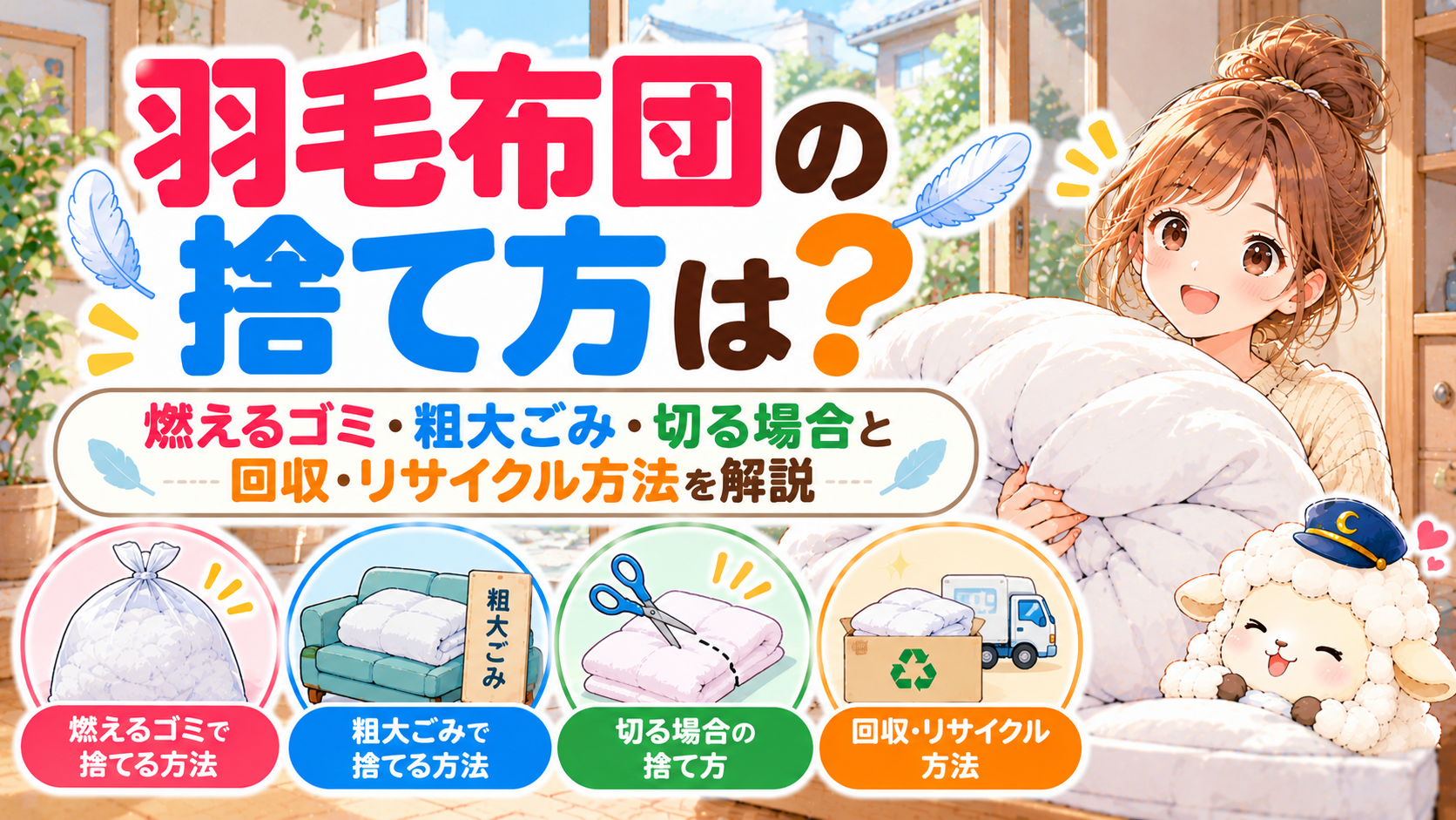 羽毛布団の捨て方は？燃えるゴミ・粗大ごみ・切る場合と回収・リサイクル方法を解説の記事のアイキャッチ画像