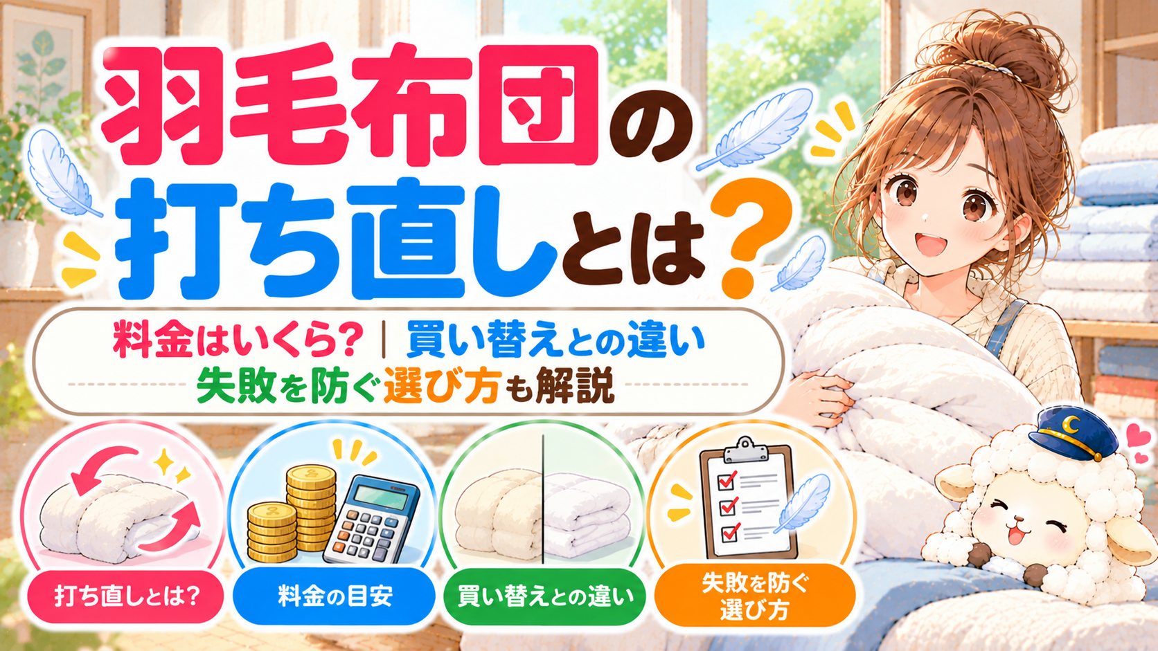 羽毛布団の打ち直しとは？料金はいくら？買い替えとの違い｜失敗を防ぐ選び方も解説の記事のアイキャッチ画像