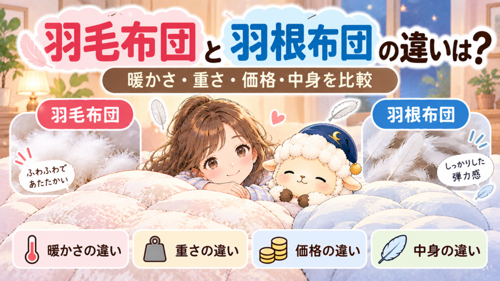 羽毛布団と羽根布団の違いは？暖かさ・重さ・価格・中身を比較の記事のアイキャッチ画像