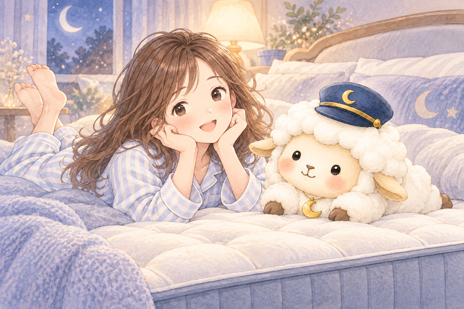 マットレスをイメージした、まよひつと女の子のイラスト