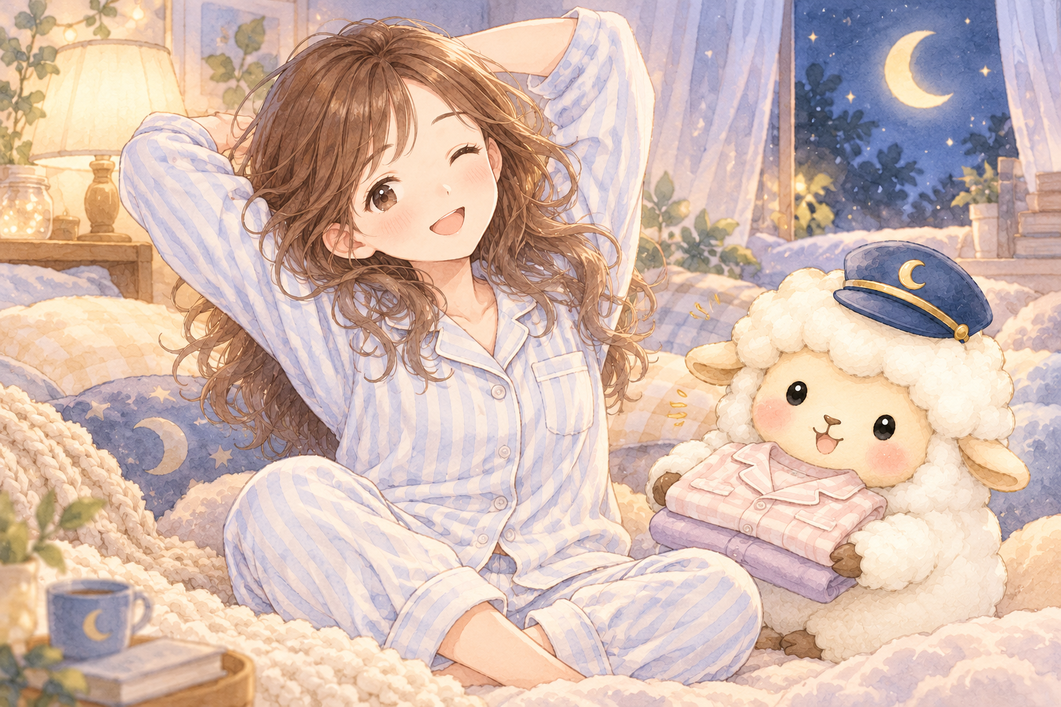 パジャマ・リカバリーウェアをイメージした、まよひつと女の子のイラスト