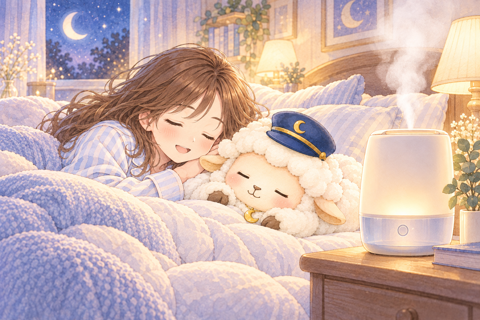 寝具・睡眠家電をイメージした、まよひつと女の子のイラスト