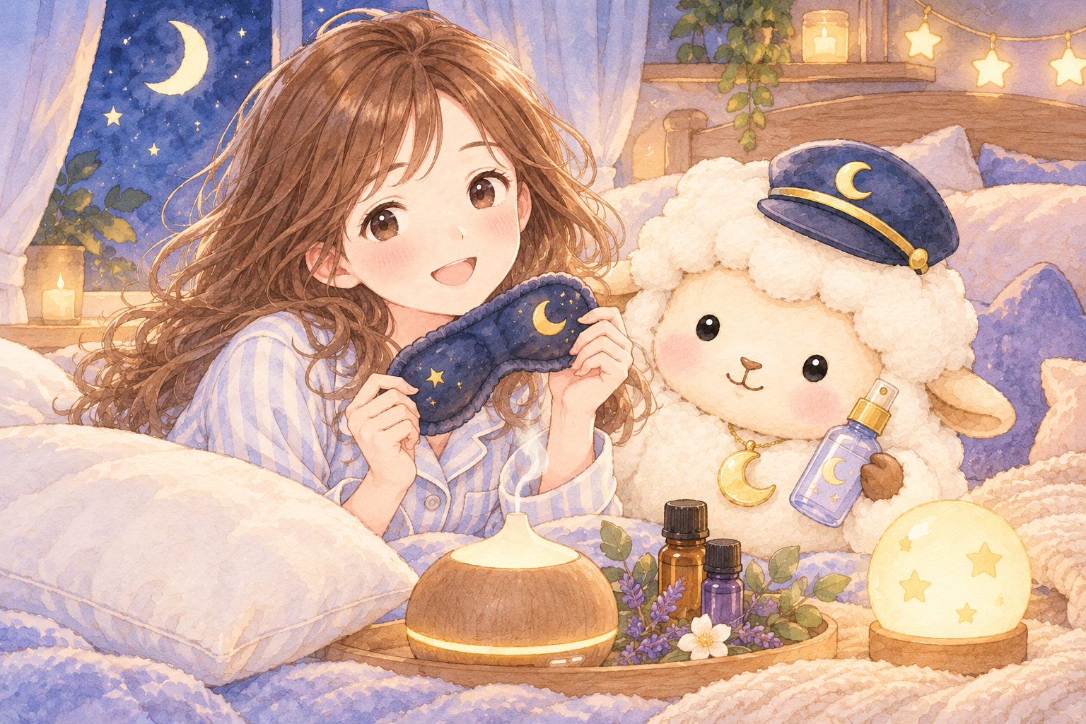快眠グッズをイメージした、まよひつと女の子のイラスト