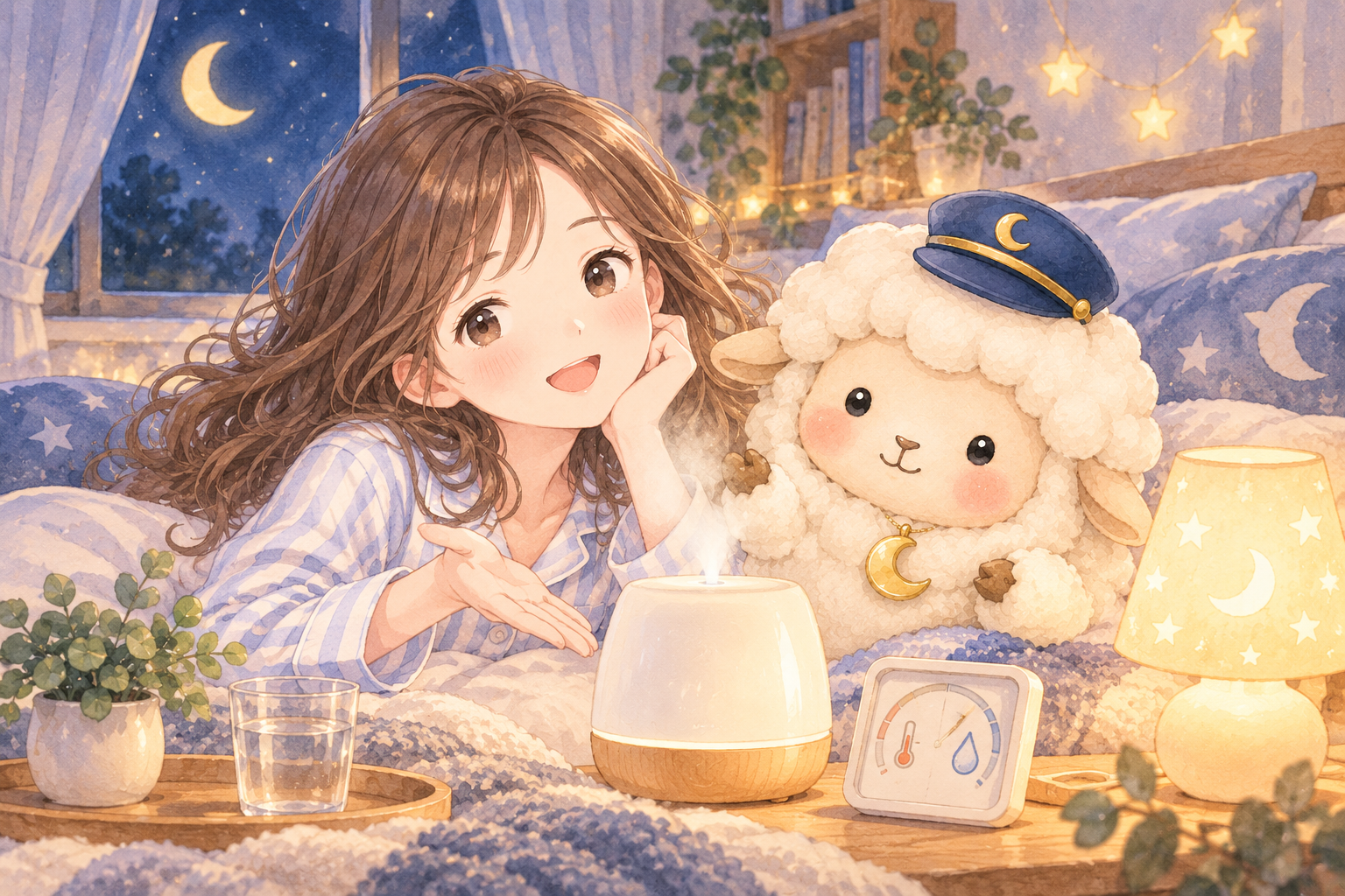 寝室環境グッズをイメージした、まよひつと女の子のイラスト