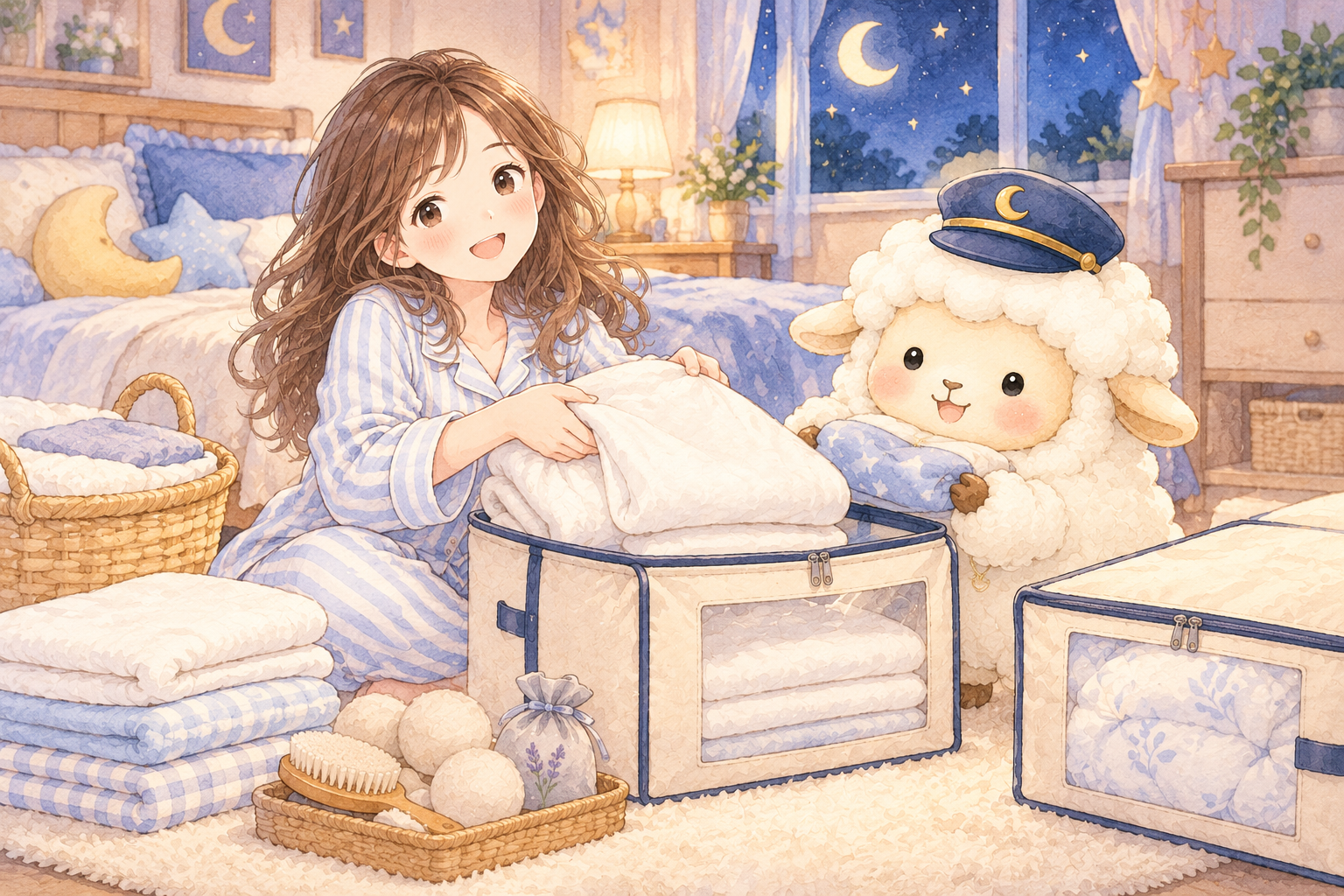 寝具収納・お手入れをイメージした、まよひつと女の子のイラスト