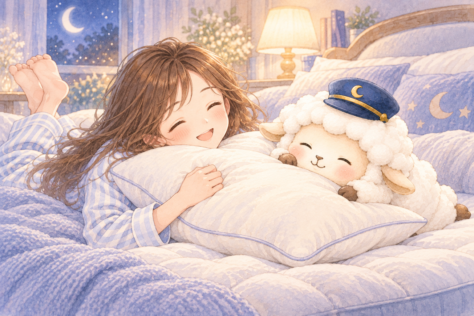 枕をイメージした、まよひつと女の子のイラスト