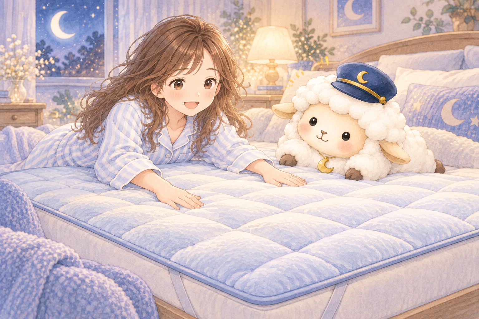 敷きパッド・ベッドパッドをイメージした、まよひつと女の子のイラスト