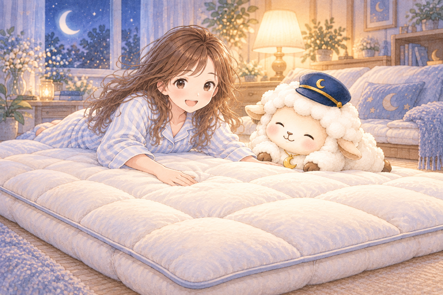 敷布団をイメージした、まよひつと女の子のイラスト