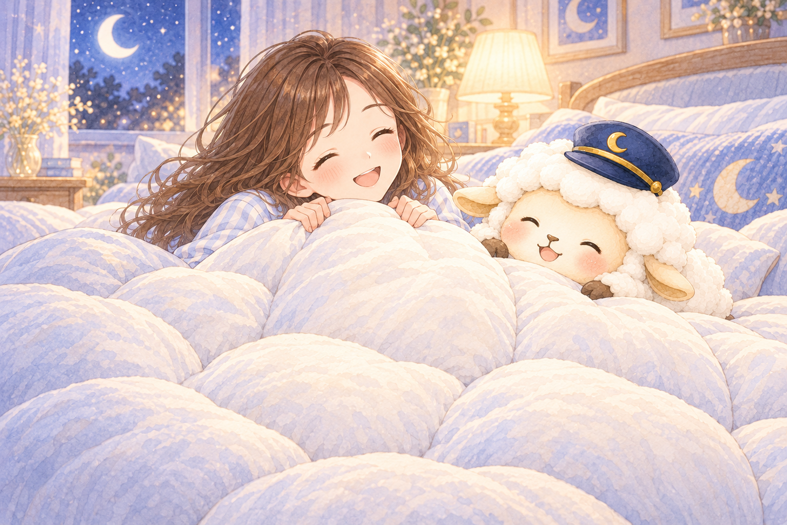 掛け布団をイメージした、まよひつと女の子のイラスト