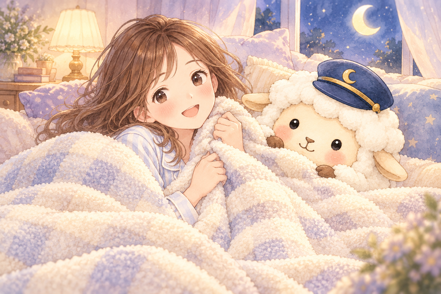 毛布・ケットをイメージした、まよひつと女の子のイラスト