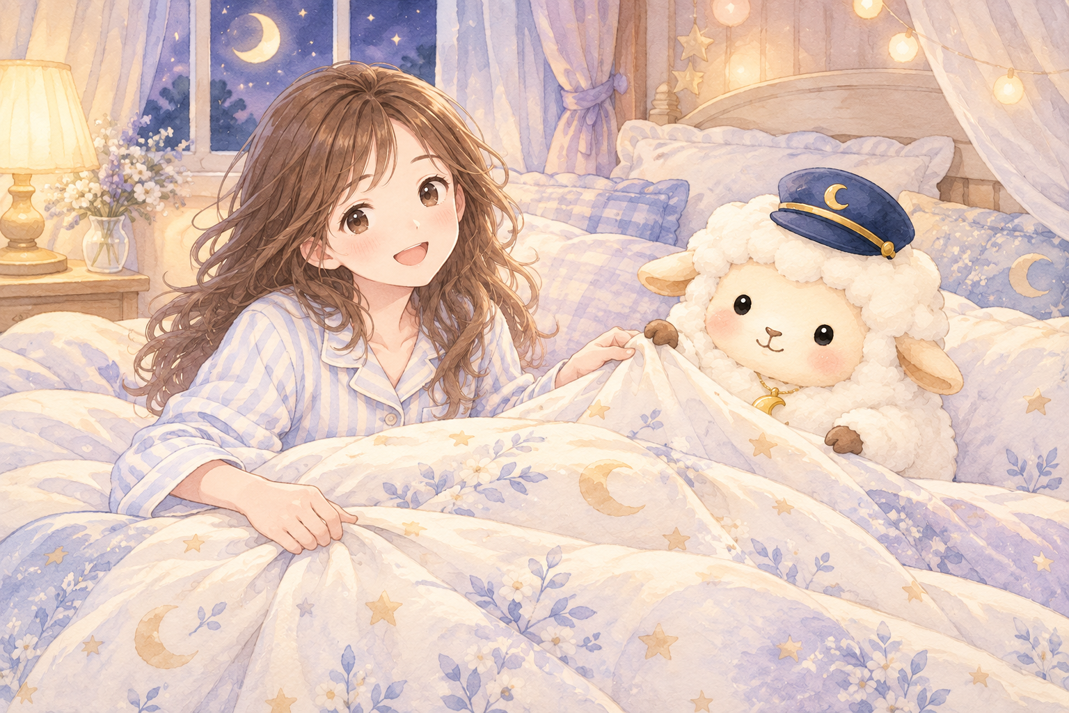 シーツ・カバーをイメージした、まよひつと女の子のイラスト