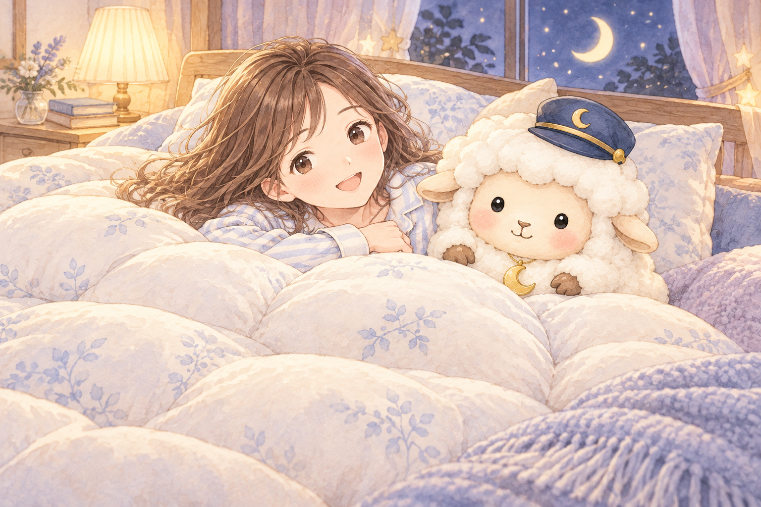 布団セットをイメージした、まよひつと女の子のイラスト