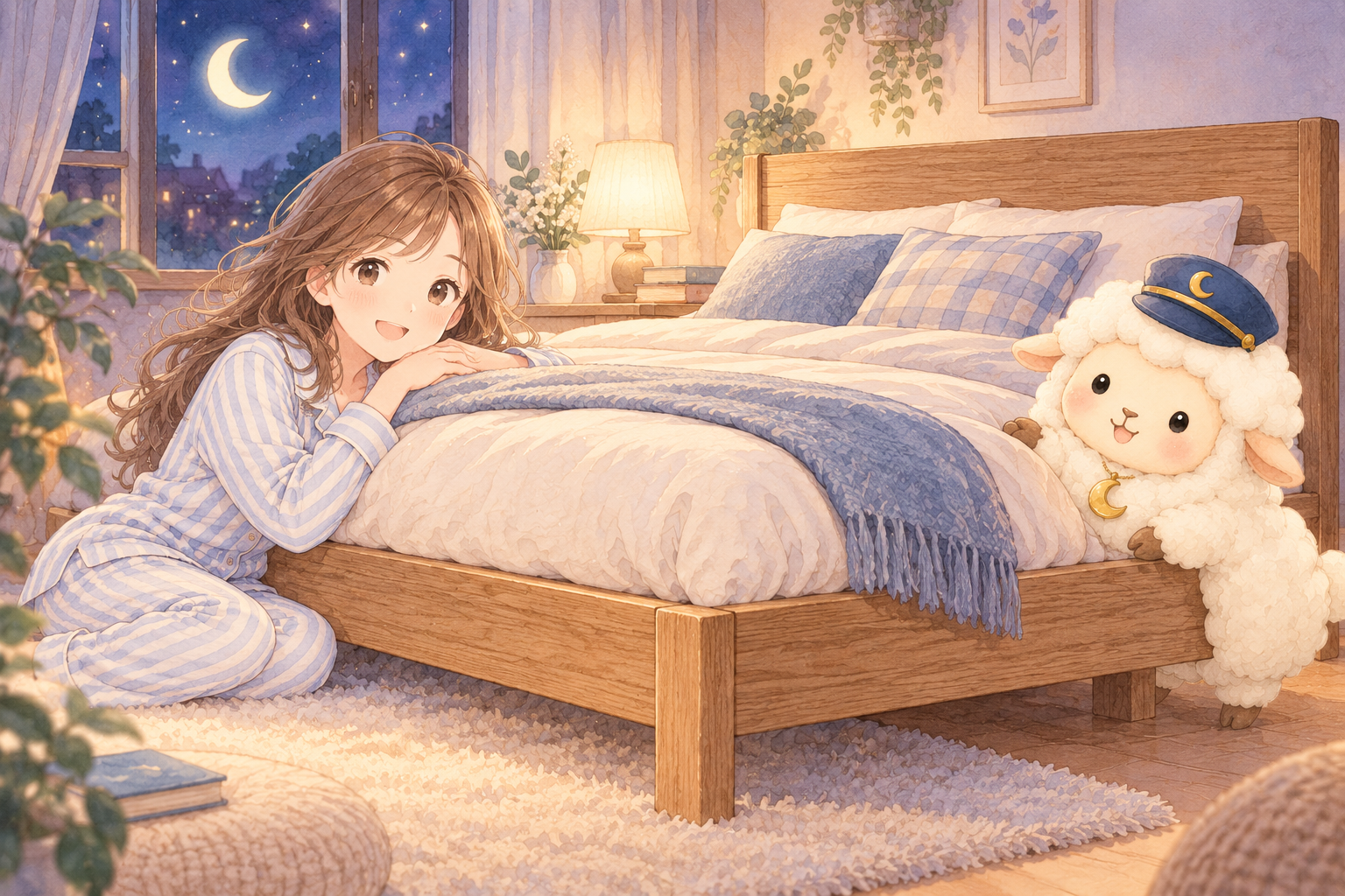 ベッド・ベッドフレームをイメージした、まよひつと女の子のイラスト